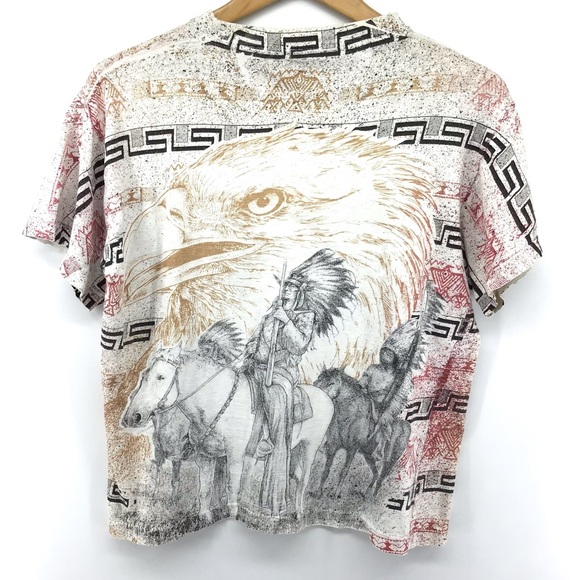 VINTAGE Single Stitch 80s All Over Native American Print Cropped Top - Picture 12 of 13